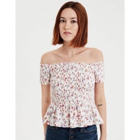 American Eagle Smocked Floral Peplum Blouse Large - Picture 1 of 5